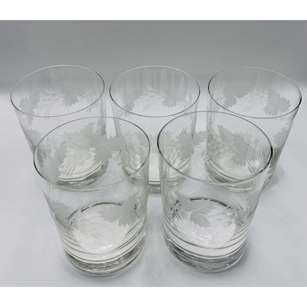 Vintage Etched Glass Tumbler Drinking Glasses Leaves Grape Vine Lowball Set of 5